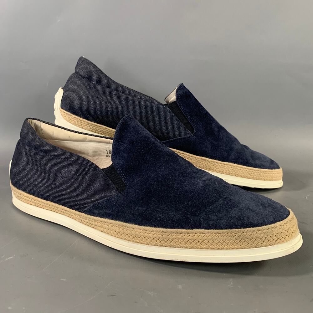 TOD'S Textured Suede & Canvas Slip On Loafers Size 10.5 Navy Blue